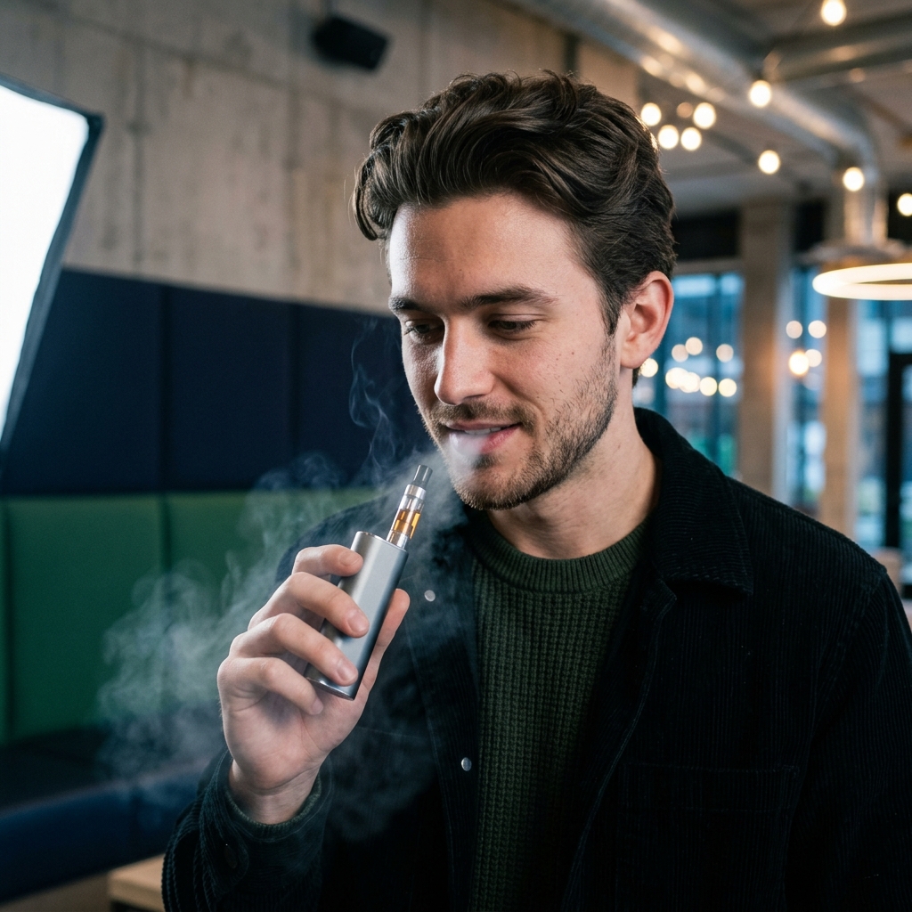 Person holding vape cartridge device